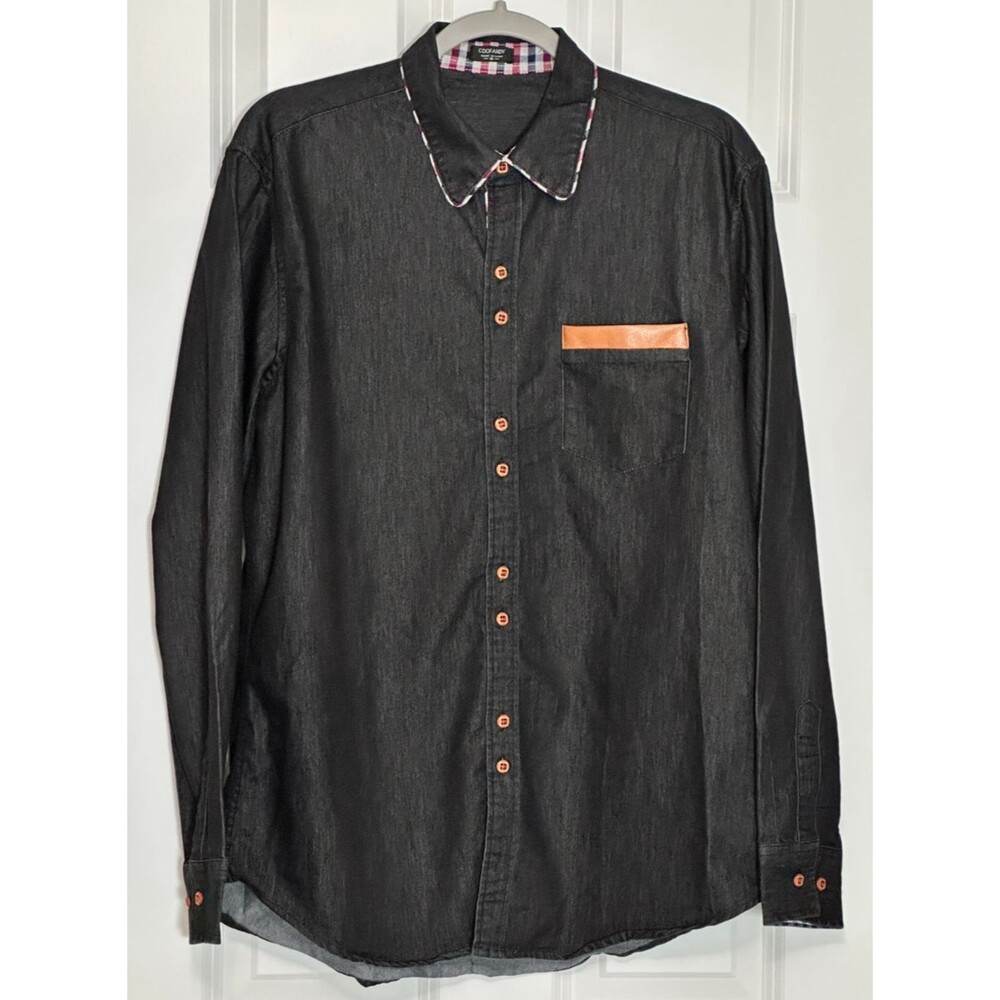 Coofandy Button Down Long Sleeve Western Dress Shirt Men's M Black Chambray